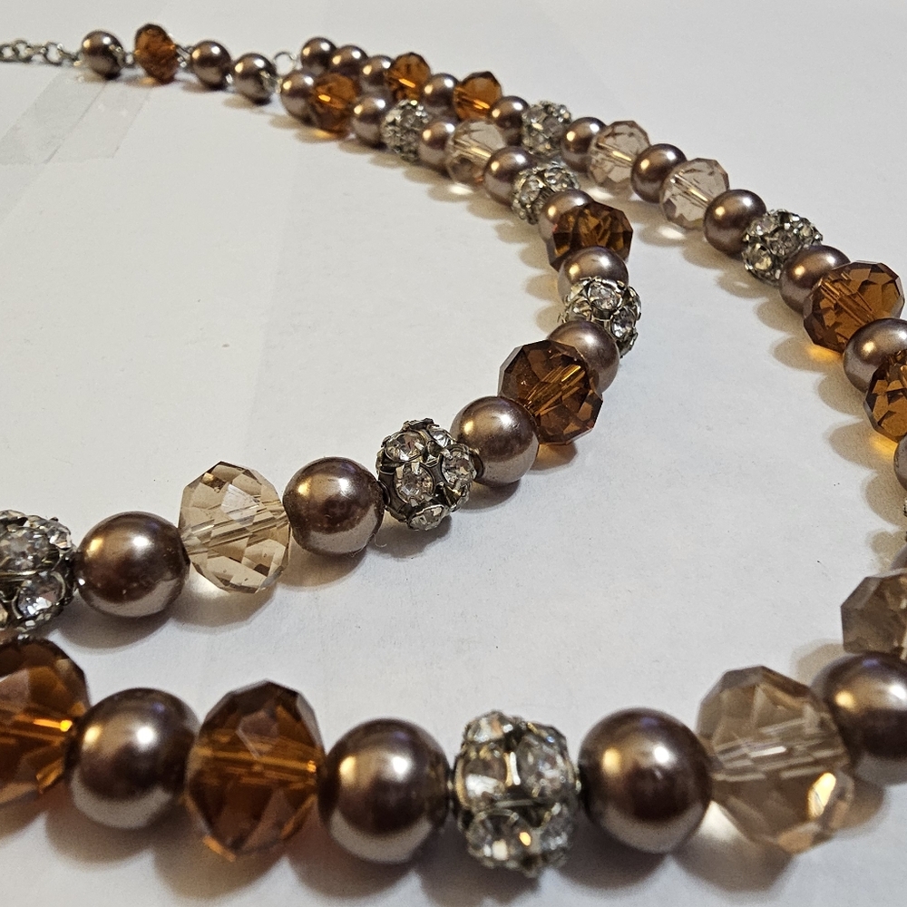 Double Beaded Necklace in Brown tones 24" with 3" extender‎